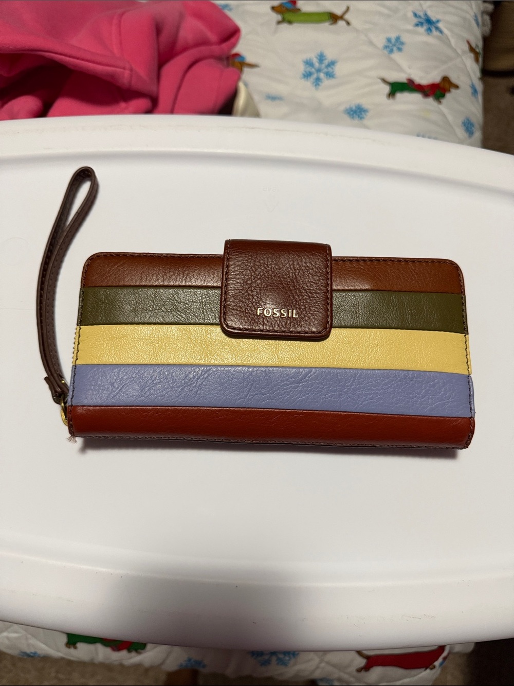 Fossil Striped Leather Wristlet Wallet in Brown, Olive, Yellow, Lavender